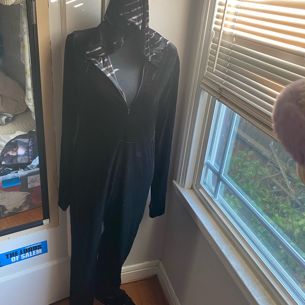 Black Hooded Jumpsuit with Plaid Lining